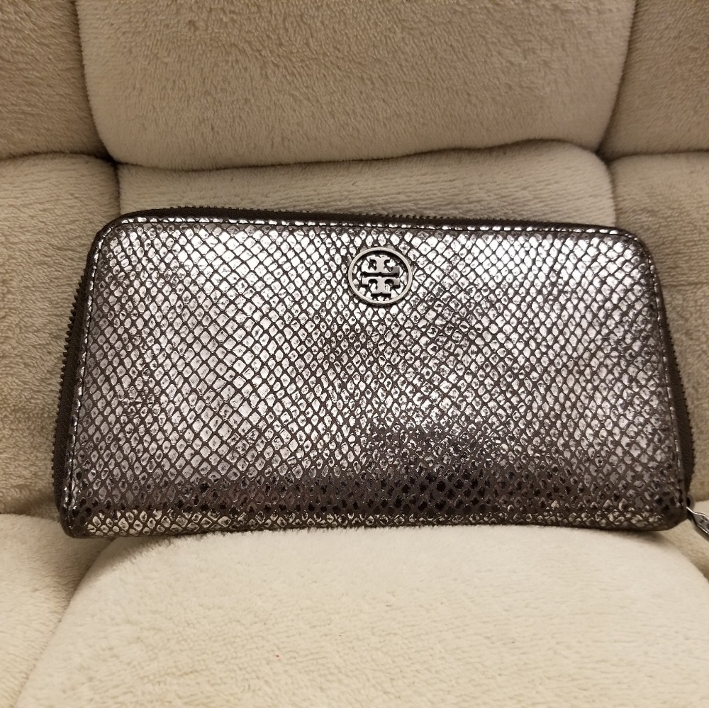 Tory Burch silver snakeskin leather wallet